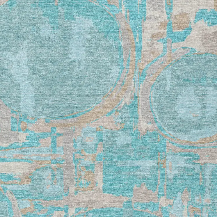 3' X 5' Teal Blue Aqua And Taupe Geometric Washable Indoor Outdoor Area Rug