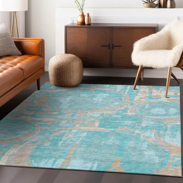3' X 5' Teal Blue Aqua And Taupe Geometric Washable Indoor Outdoor Area Rug