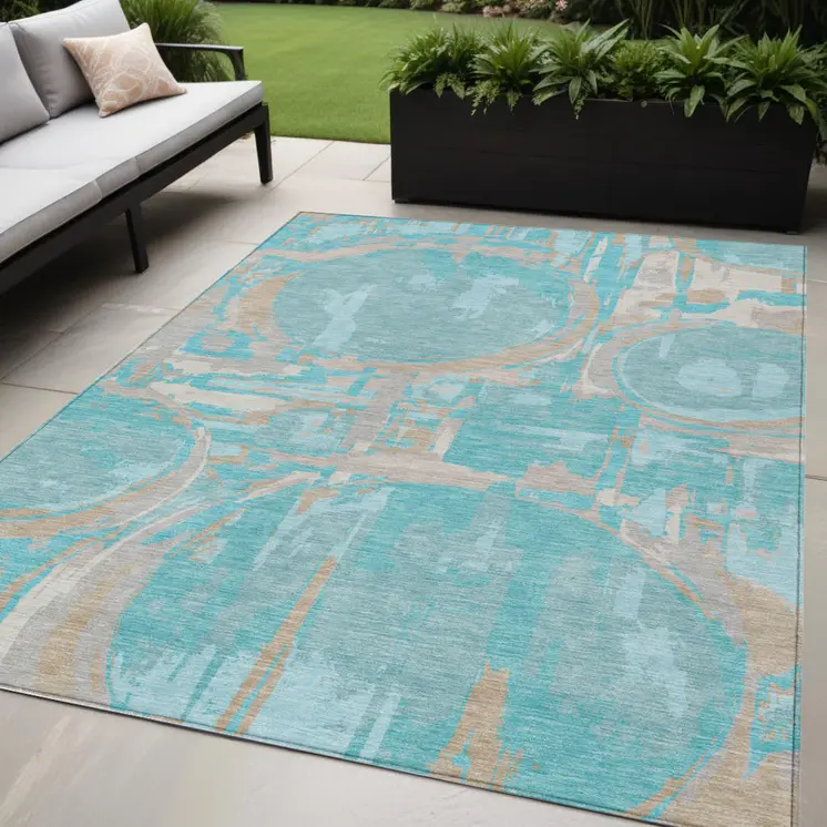5' X 8' Teal Blue Aqua And Taupe Geometric Washable Indoor Outdoor Area Rug