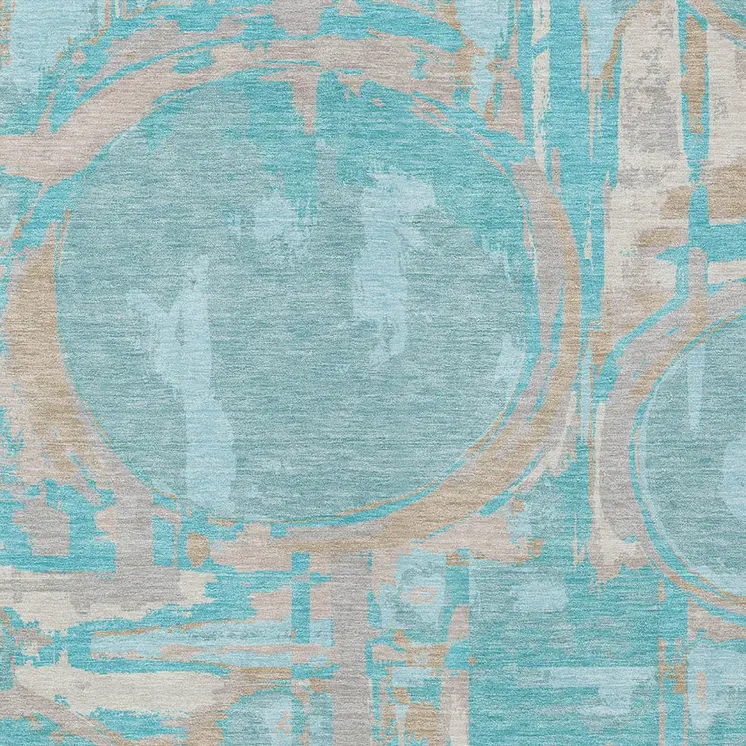 5' X 8' Teal Blue Aqua And Taupe Geometric Washable Indoor Outdoor Area Rug