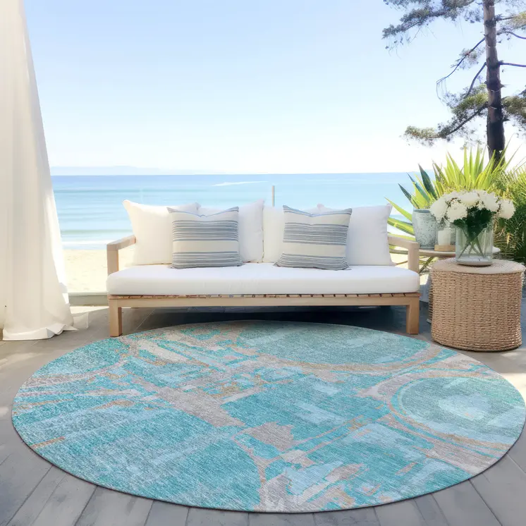 8' Teal Blue Aqua And Taupe Round Geometric Washable Indoor Outdoor Area Rug