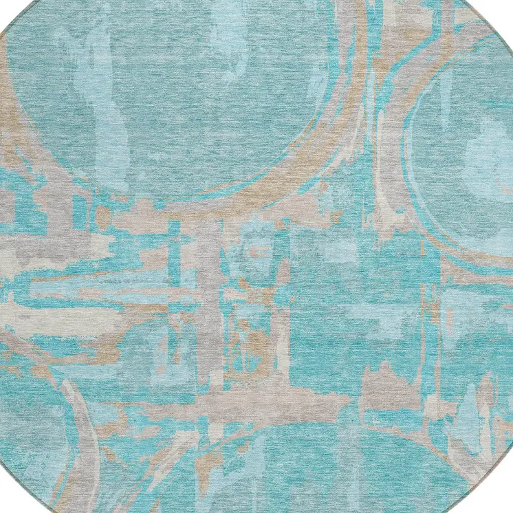 8' Teal Blue Aqua And Taupe Round Geometric Washable Indoor Outdoor Area Rug