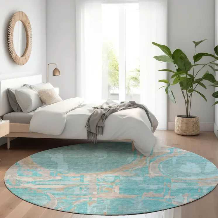 8' Teal Blue Aqua And Taupe Round Geometric Washable Indoor Outdoor Area Rug