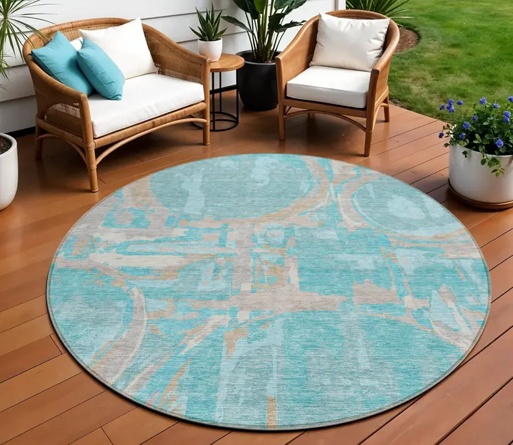 8' Teal Blue Aqua And Taupe Round Geometric Washable Indoor Outdoor Area Rug
