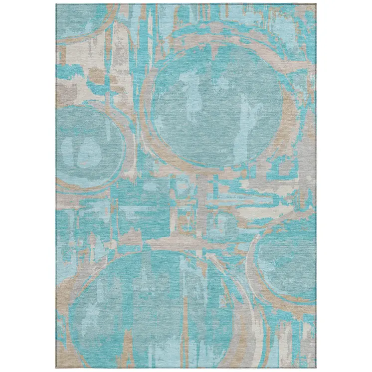 9' X 12' Teal Blue Aqua And Taupe Geometric Washable Indoor Outdoor Area Rug