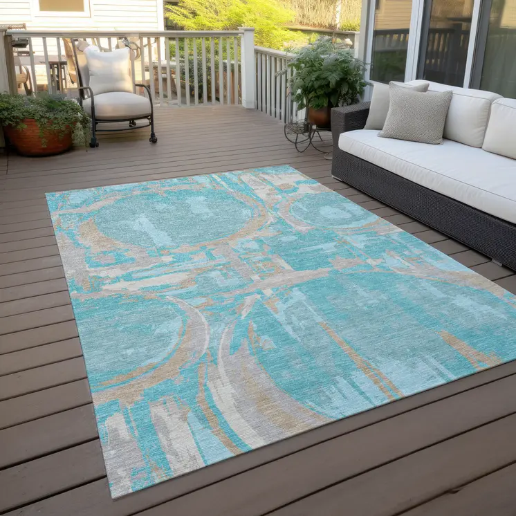 9' X 12' Teal Blue Aqua And Taupe Geometric Washable Indoor Outdoor Area Rug