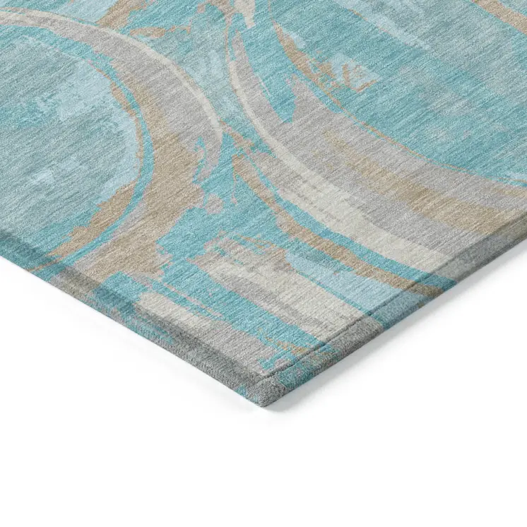 9' X 12' Teal Blue Aqua And Taupe Geometric Washable Indoor Outdoor Area Rug
