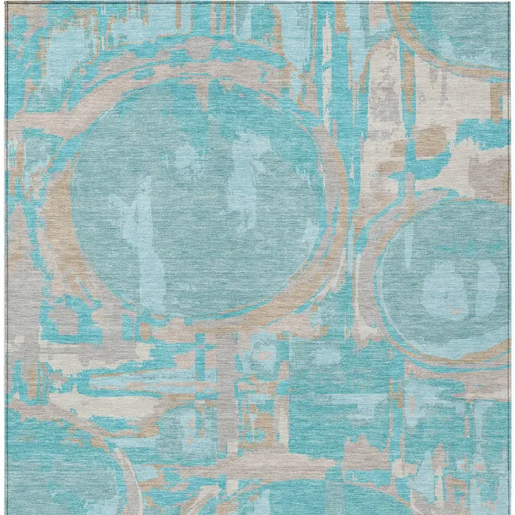 9' X 12' Teal Blue Aqua And Taupe Geometric Washable Indoor Outdoor Area Rug
