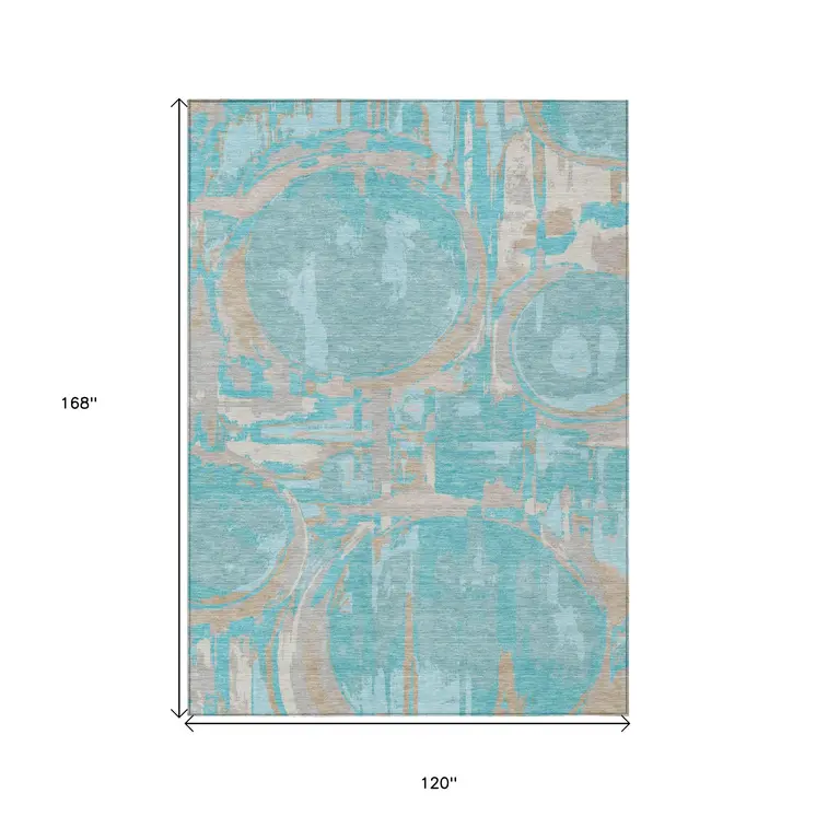 10' X 14' Teal Blue Aqua And Taupe Geometric Washable Indoor Outdoor Area Rug