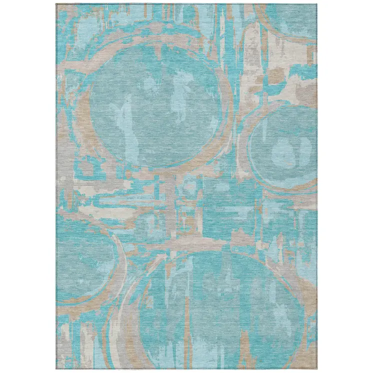 10' X 14' Teal Blue Aqua And Taupe Geometric Washable Indoor Outdoor Area Rug