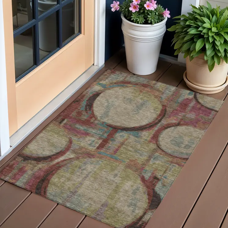 3' X 5' Taupe Beige And Blush Geometric Washable Indoor Outdoor Area Rug