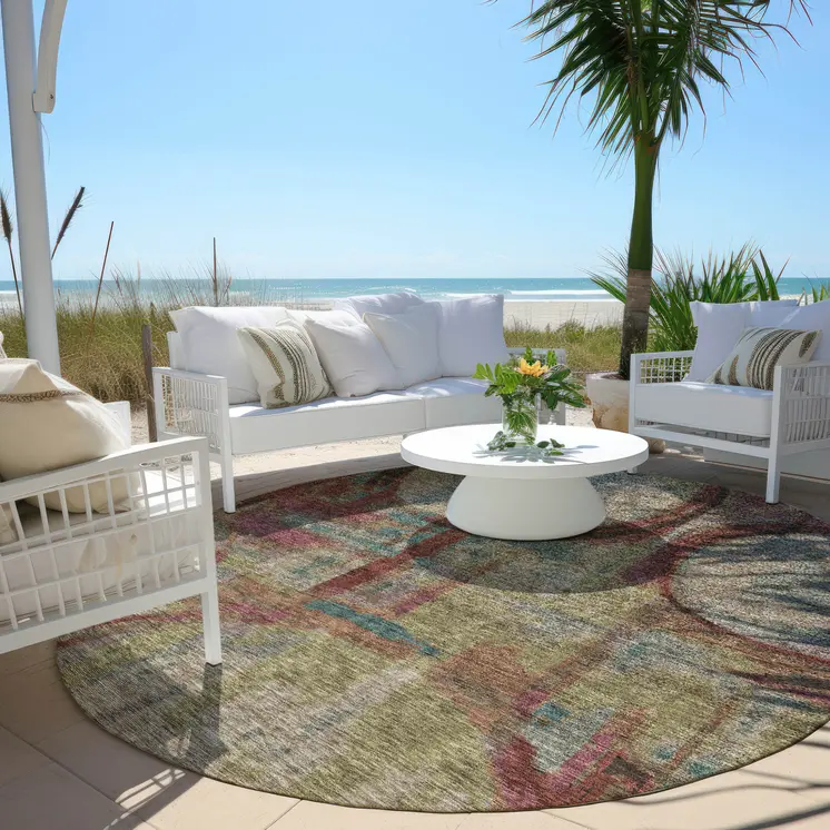 8' Taupe Beige And Blush Round Geometric Washable Indoor Outdoor Area Rug