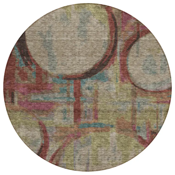 8' Taupe Beige And Blush Round Geometric Washable Indoor Outdoor Area Rug
