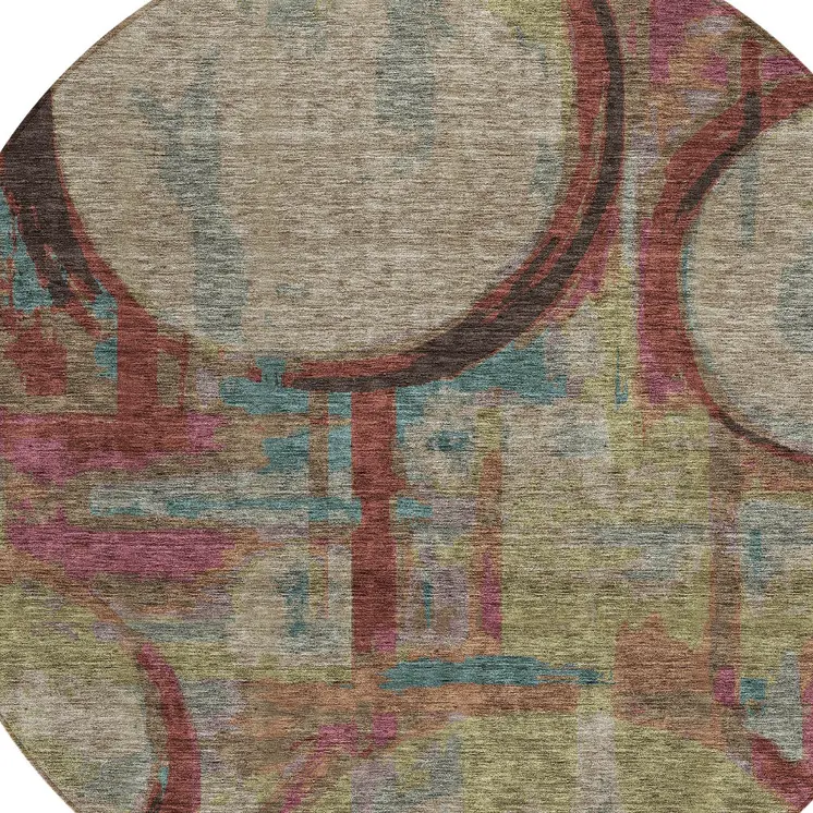 8' Taupe Beige And Blush Round Geometric Washable Indoor Outdoor Area Rug