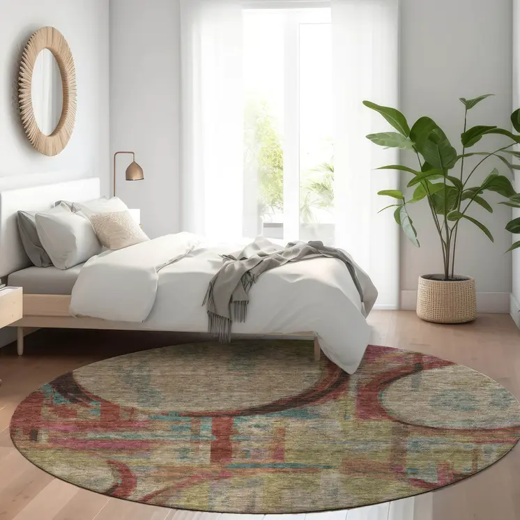 8' Taupe Beige And Blush Round Geometric Washable Indoor Outdoor Area Rug