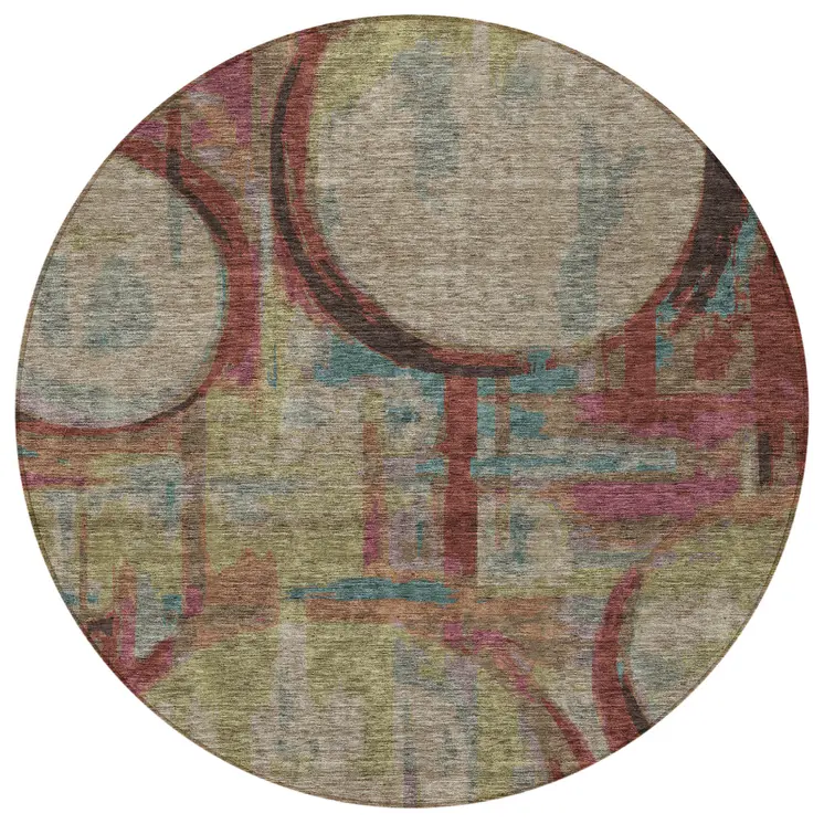 8' Taupe Beige And Blush Round Geometric Washable Indoor Outdoor Area Rug