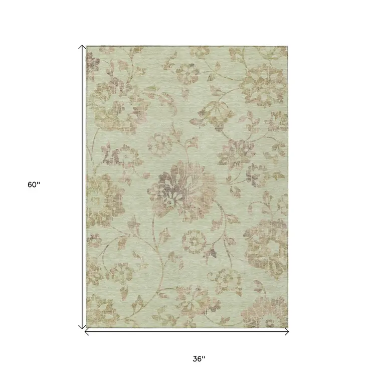3' X 5' Artichoke Green Mint Green And Taupe Floral Washable Indoor Outdoor Area Rug