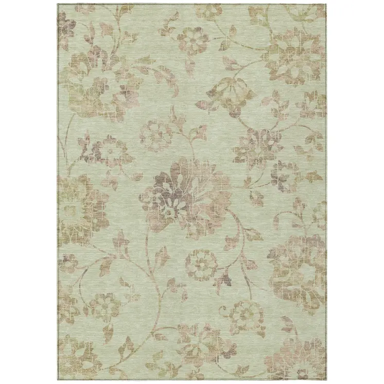 3' X 5' Artichoke Green Mint Green And Taupe Floral Washable Indoor Outdoor Area Rug