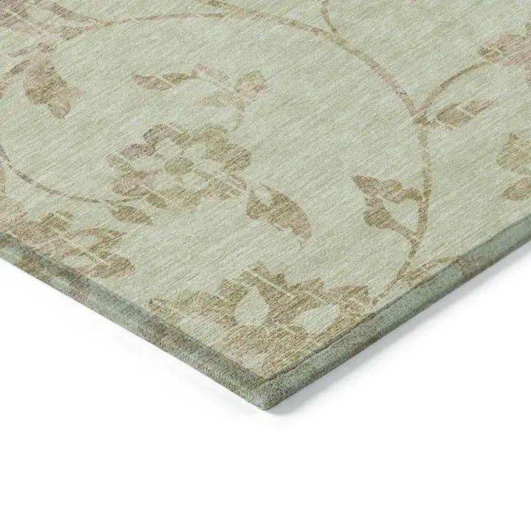3' X 5' Artichoke Green Mint Green And Taupe Floral Washable Indoor Outdoor Area Rug