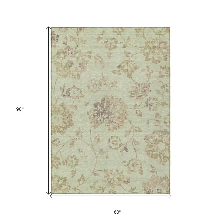 5' X 8' Artichoke Green Mint Green And Taupe Floral Washable Indoor Outdoor Area Rug