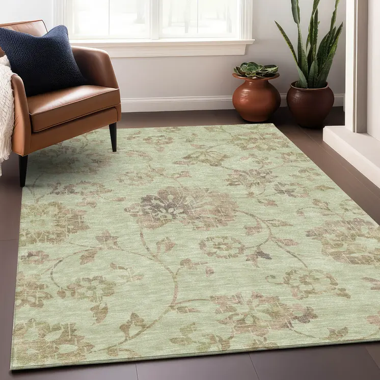 5' X 8' Artichoke Green Mint Green And Taupe Floral Washable Indoor Outdoor Area Rug