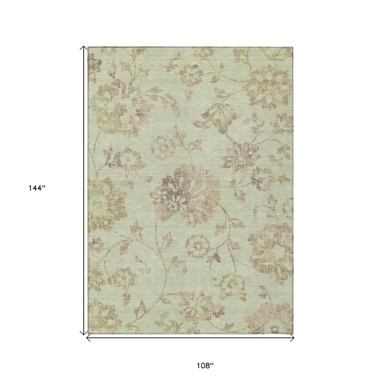 9' X 12' Artichoke Green Mint Green And Taupe Floral Washable Indoor Outdoor Area Rug