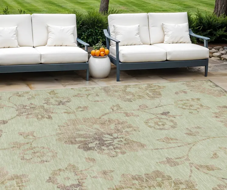 9' X 12' Artichoke Green Mint Green And Taupe Floral Washable Indoor Outdoor Area Rug
