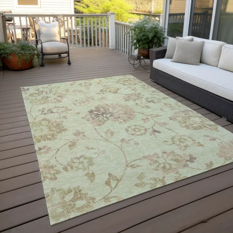 9' X 12' Artichoke Green Mint Green And Taupe Floral Washable Indoor Outdoor Area Rug