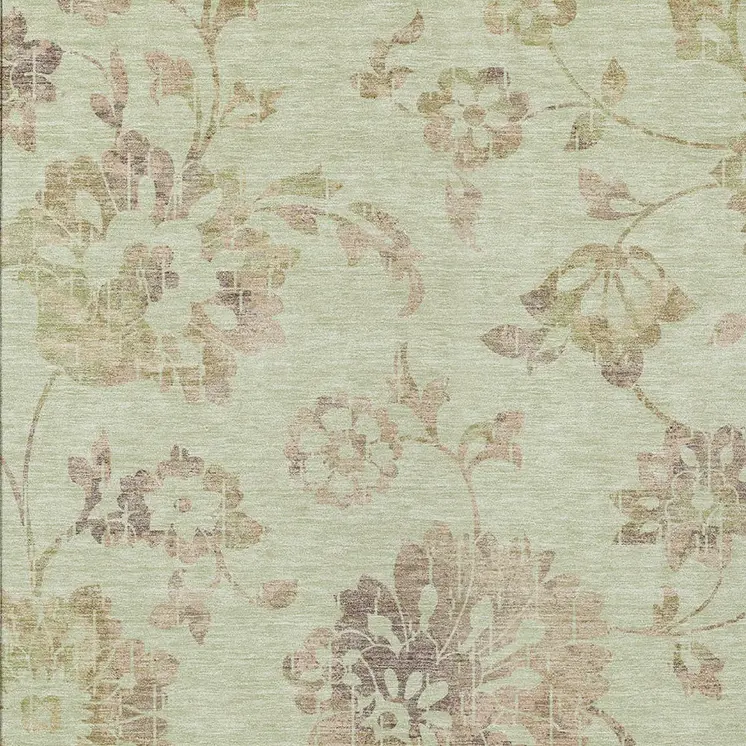9' X 12' Artichoke Green Mint Green And Taupe Floral Washable Indoor Outdoor Area Rug