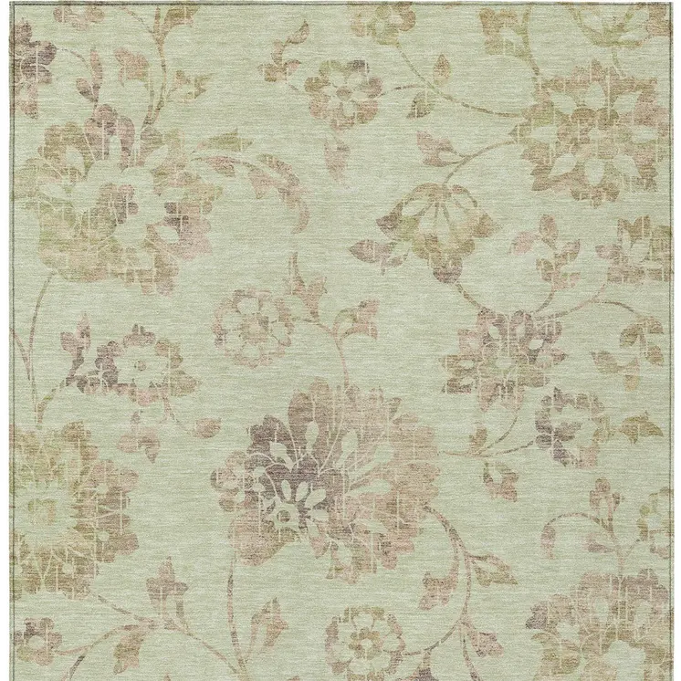 10' X 14' Artichoke Green Mint Green And Taupe Floral Washable Indoor Outdoor Area Rug