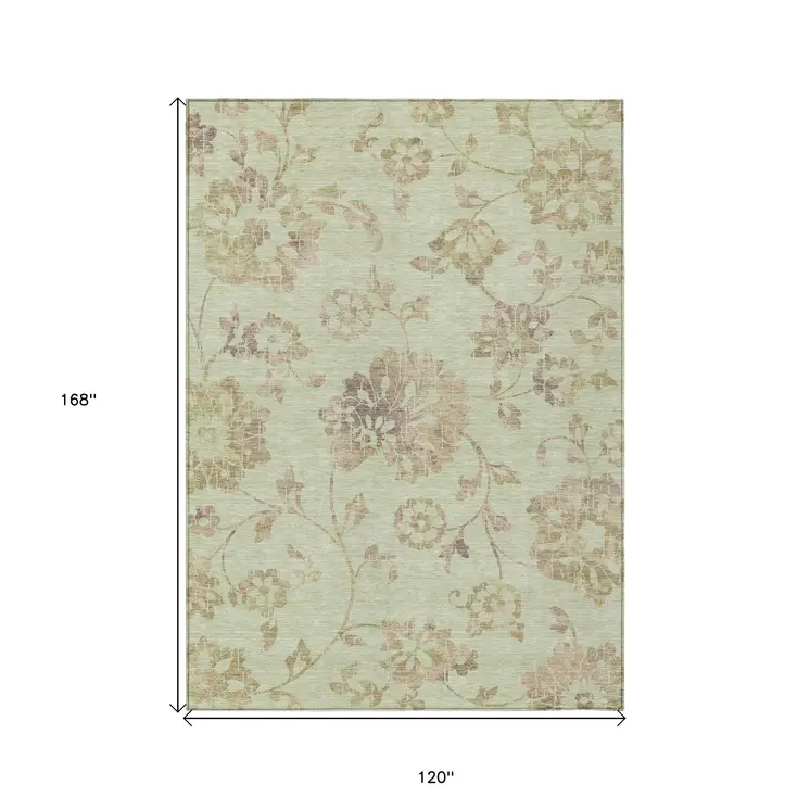10' X 14' Artichoke Green Mint Green And Taupe Floral Washable Indoor Outdoor Area Rug