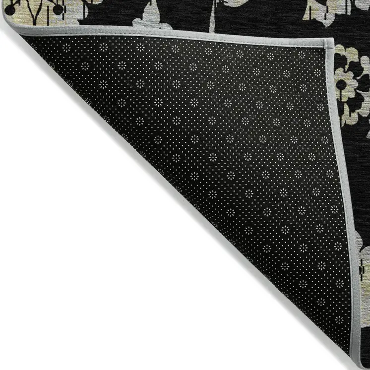 3' X 5' Black Artichoke Green And Silver Floral Washable Indoor Outdoor Area Rug