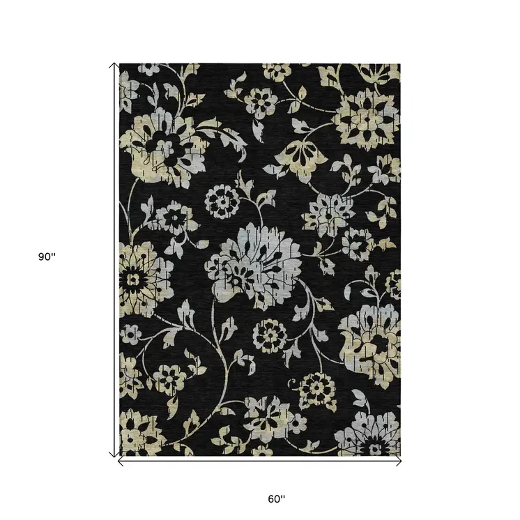 5' X 8' Black Artichoke Green And Silver Floral Washable Indoor Outdoor Area Rug