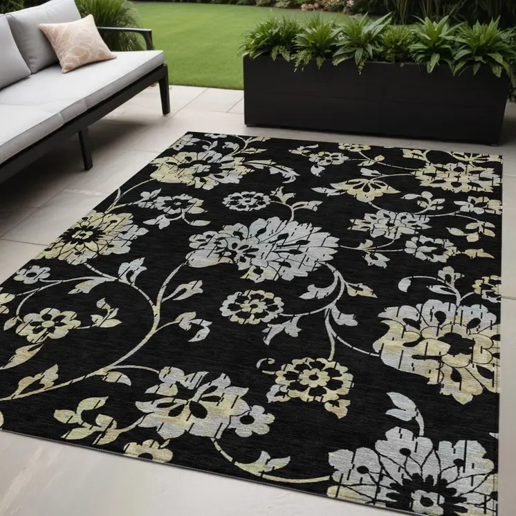 5' X 8' Black Artichoke Green And Silver Floral Washable Indoor Outdoor Area Rug