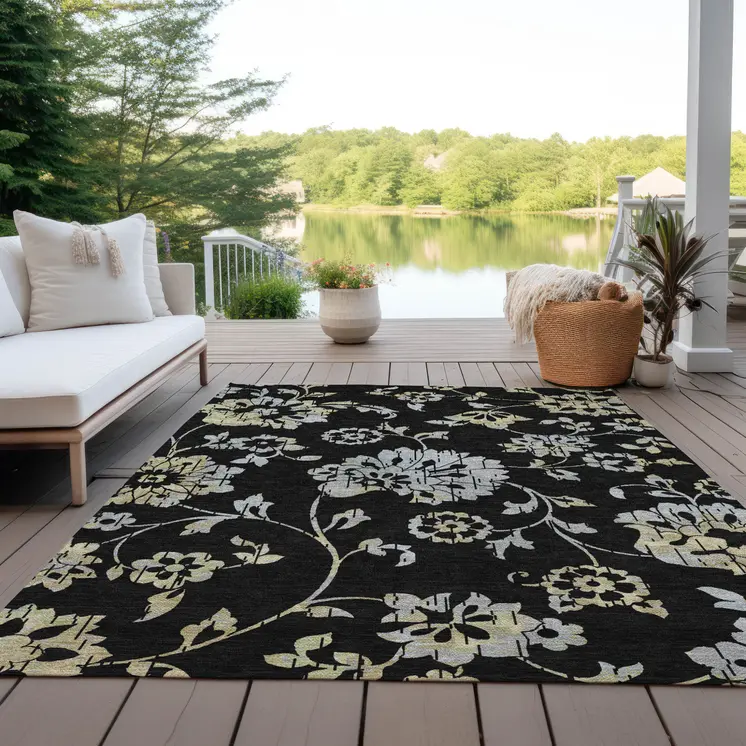 5' X 8' Black Artichoke Green And Silver Floral Washable Indoor Outdoor Area Rug