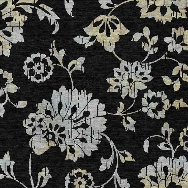 5' X 8' Black Artichoke Green And Silver Floral Washable Indoor Outdoor Area Rug