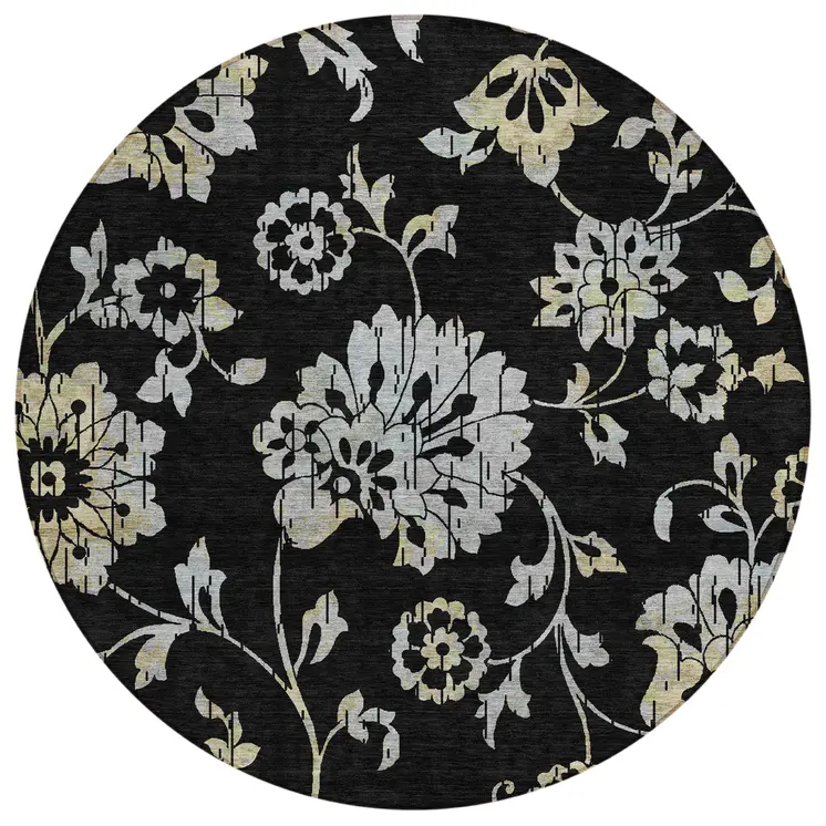 8' Black Artichoke Green And Silver Round Floral Washable Indoor Outdoor Area Rug