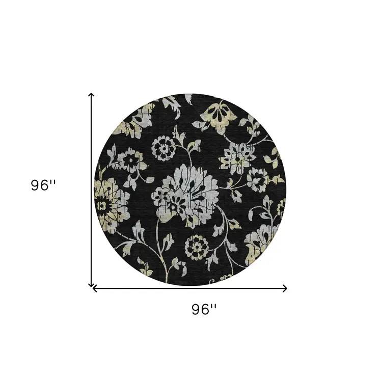 8' Black Artichoke Green And Silver Round Floral Washable Indoor Outdoor Area Rug