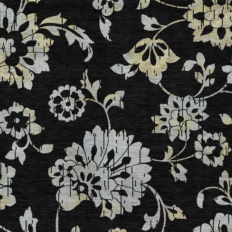 8' X 10' Black Artichoke Green And Silver Floral Washable Indoor Outdoor Area Rug