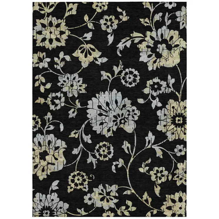 9' X 12' Black Artichoke Green And Silver Floral Washable Indoor Outdoor Area Rug