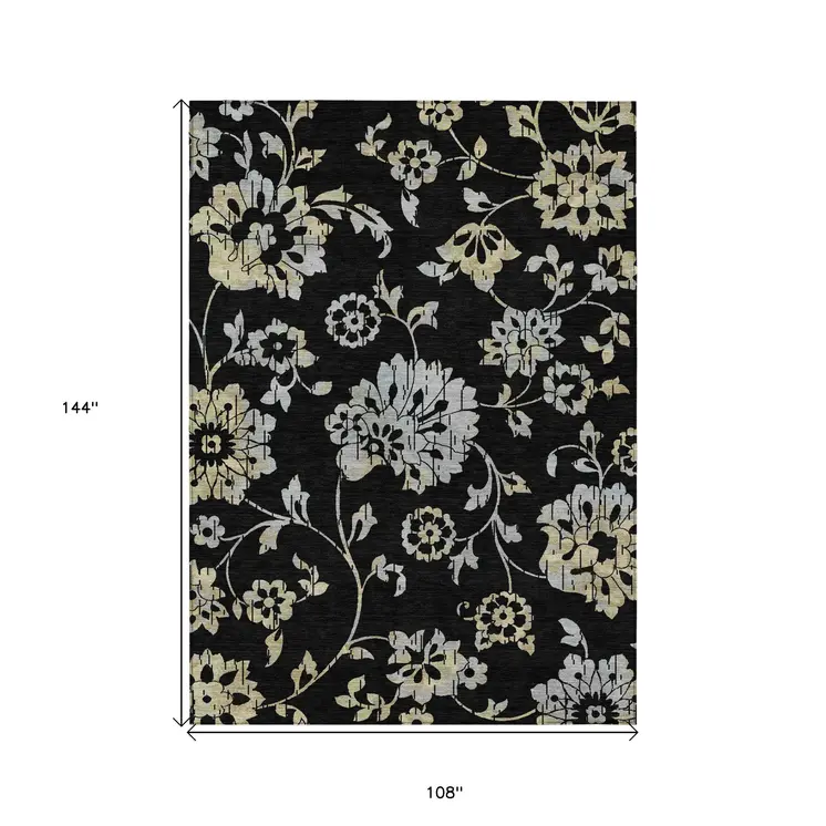9' X 12' Black Artichoke Green And Silver Floral Washable Indoor Outdoor Area Rug