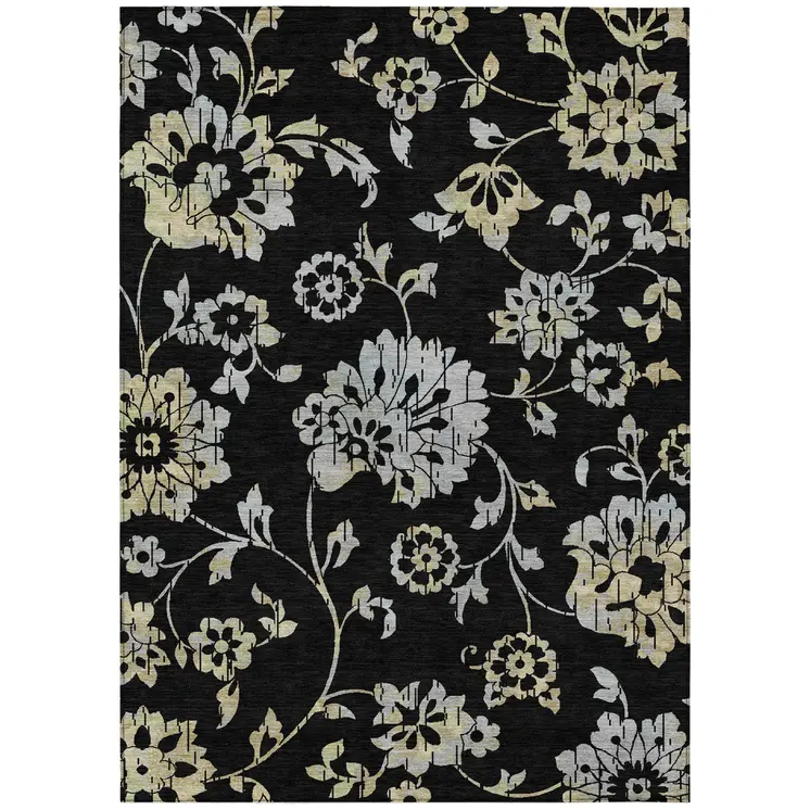 9' X 12' Black Artichoke Green And Silver Floral Washable Indoor Outdoor Area Rug