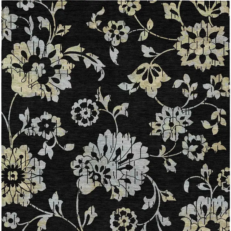 9' X 12' Black Artichoke Green And Silver Floral Washable Indoor Outdoor Area Rug