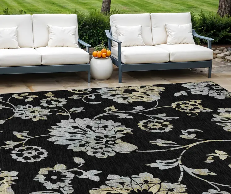 10' X 14' Black Artichoke Green And Silver Floral Washable Indoor Outdoor Area Rug