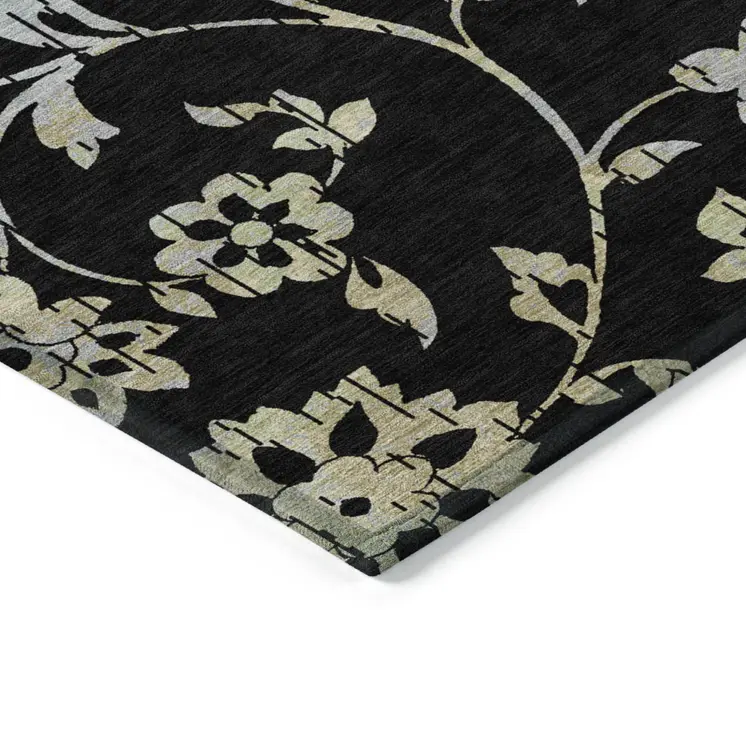 10' X 14' Black Artichoke Green And Silver Floral Washable Indoor Outdoor Area Rug