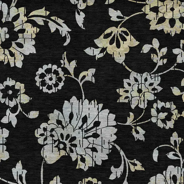 10' X 14' Black Artichoke Green And Silver Floral Washable Indoor Outdoor Area Rug