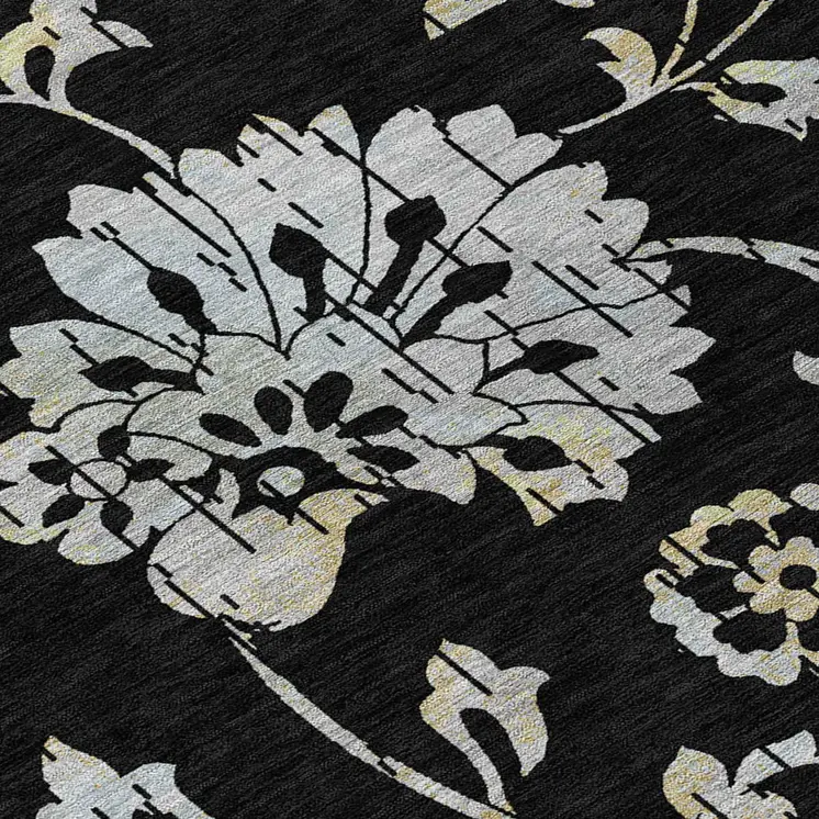 10' X 14' Black Artichoke Green And Silver Floral Washable Indoor Outdoor Area Rug