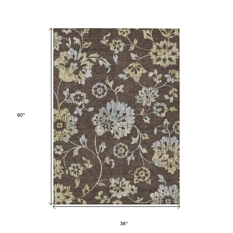 3' X 5' Chocolate Sky Blue And Artichoke Green Floral Washable Indoor Outdoor Area Rug