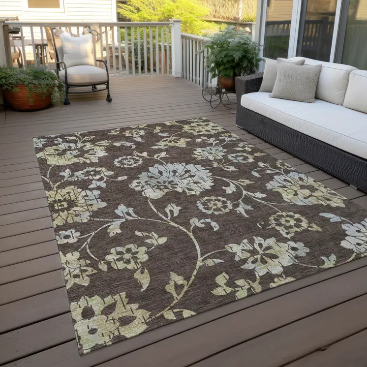 3' X 5' Chocolate Sky Blue And Artichoke Green Floral Washable Indoor Outdoor Area Rug