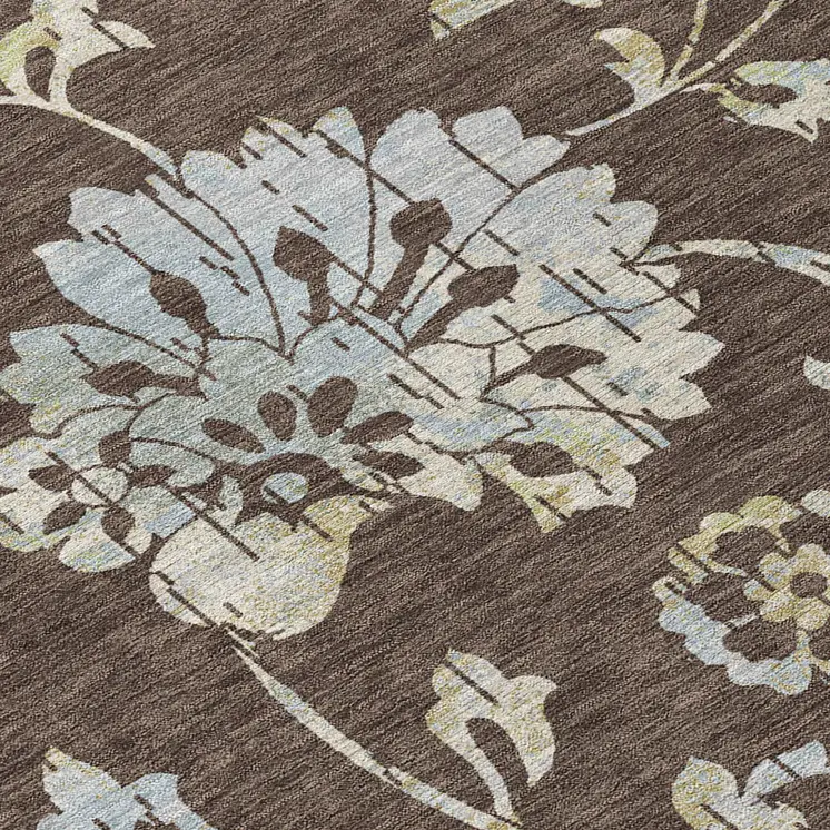 3' X 5' Chocolate Sky Blue And Artichoke Green Floral Washable Indoor Outdoor Area Rug